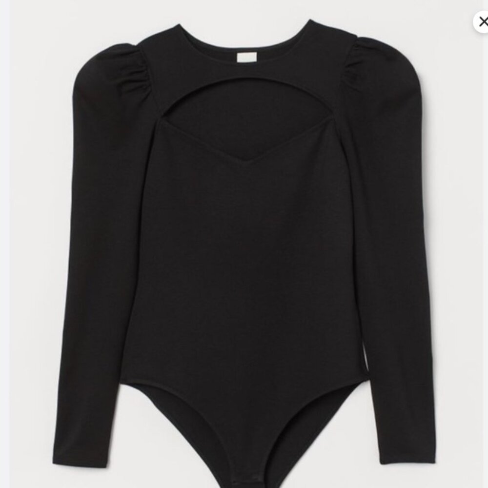 🆕🏷️ H&M Black Thick Jersey Bodysuit | Sweetheart Neckline & Puff Sleeves 🖤